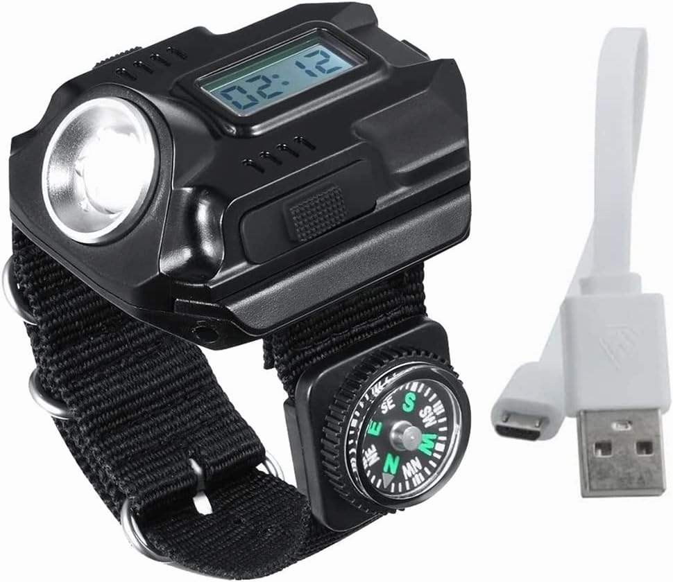 HBJWOV LED Wrist Flashlight Rechargeable Compass Watch Light Portable Wrist Light XPE Outdoor Camping Hiking Lighting Tool