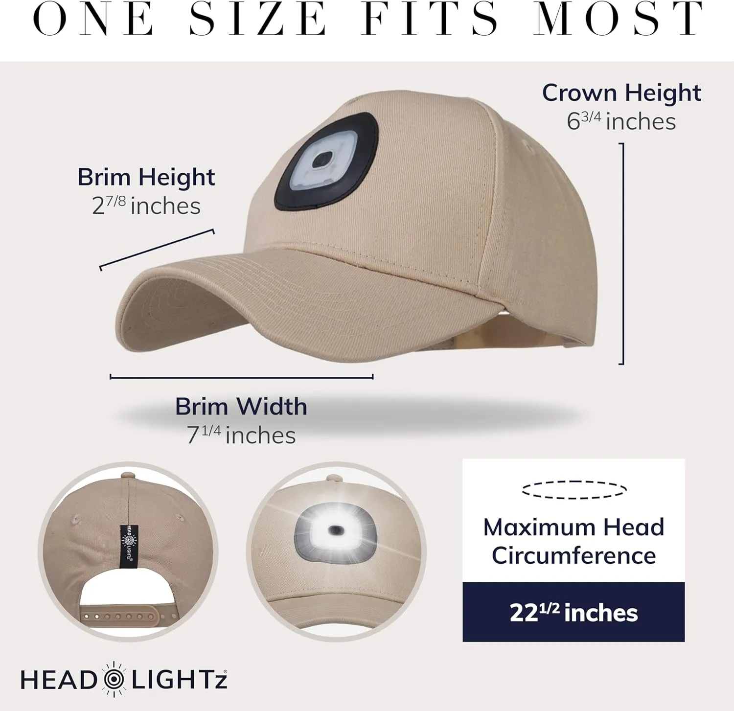 Headlightz Rechargeable LED Baseball Cap - Built-in USB Light with 3 Brightness Levels, Perfect for Running, Walking, Camping - Hands-Free Lighted Hat for Men & Women - As Seen on National TV - KHAKI