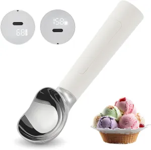 Heated Ice Cream Scoop, USB Rechargeable Electric Scooper with LED Display, Heats to 158°F for Hard Ice Cream, Easy for Seniors & Kids, IP67 Waterproof – White
