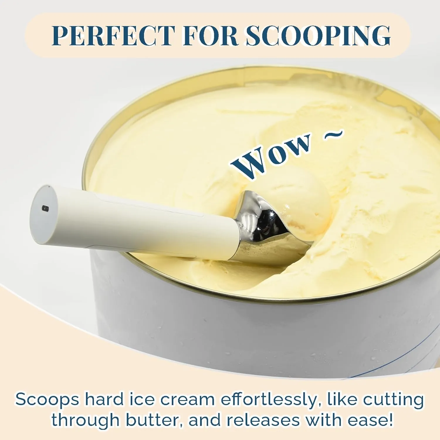 Heated Ice Cream Scoop, USB Rechargeable Electric Scooper with LED Display, Heats to 158°F for Hard Ice Cream, Easy for Seniors & Kids, IP67 Waterproof – White