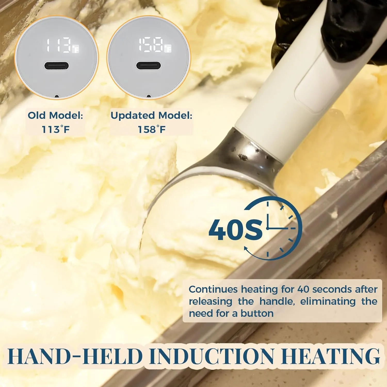 Heated Ice Cream Scoop, USB Rechargeable Electric Scooper with LED Display, Heats to 158°F for Hard Ice Cream, Easy for Seniors & Kids, IP67 Waterproof – White