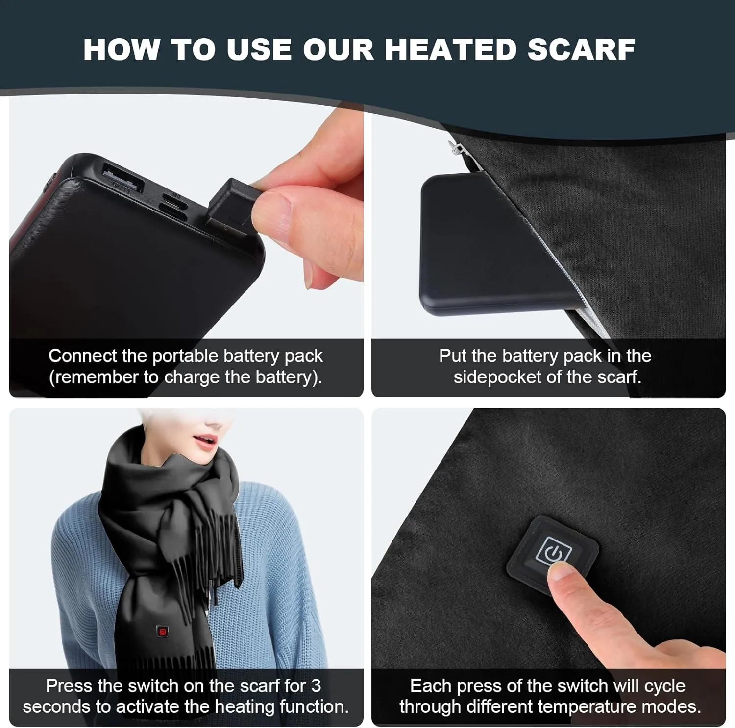 Heated Scarf for Women Men Rechargeable Heated Scarves Blanket with Battery Pack Neck Heating Pad Electric Scarf Heated