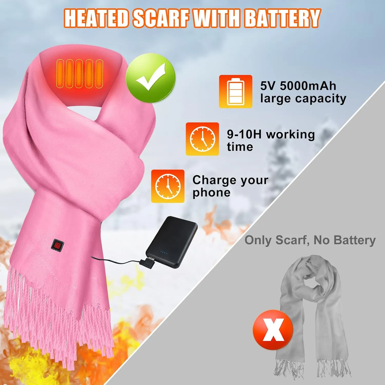 Heated Scarf for Women Men Rechargeable Heated Scarves Blanket with Battery Pack Neck Heating Pad Electric Scarf Heated