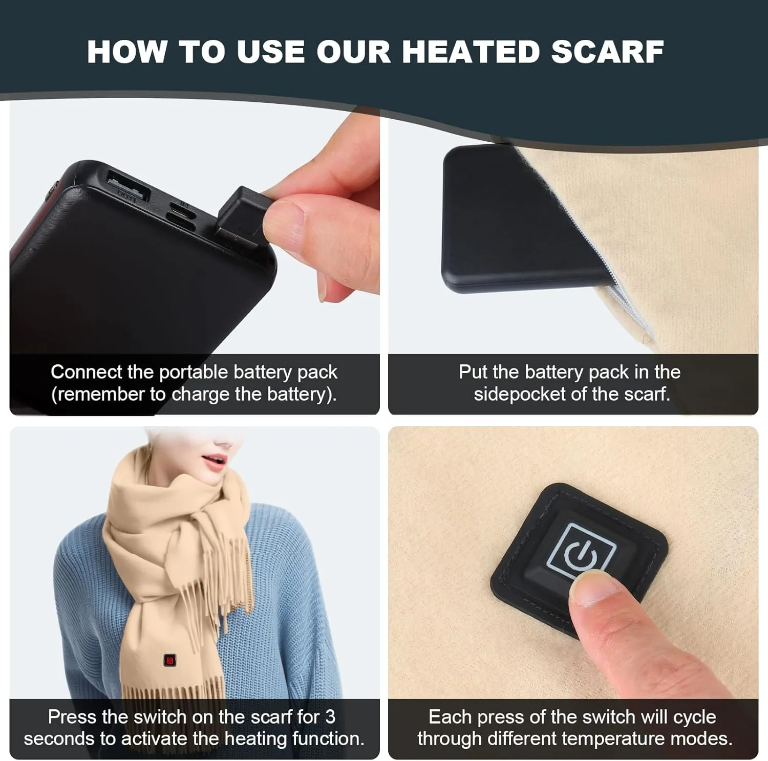 Heated Scarf for Women Men Rechargeable Heated Scarves Blanket with Battery Pack Neck Heating Pad Electric Scarf Heated