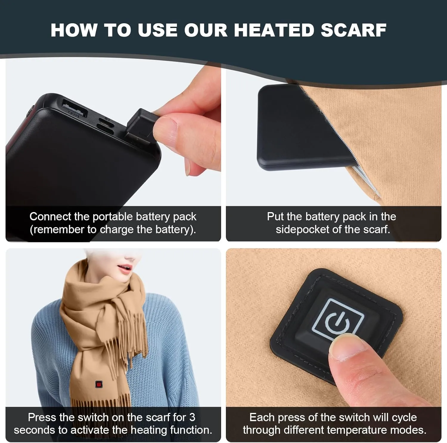 Heated Scarf for Women Men Rechargeable Heated Scarves Blanket with Battery Pack Neck Heating Pad Electric Scarf Heated