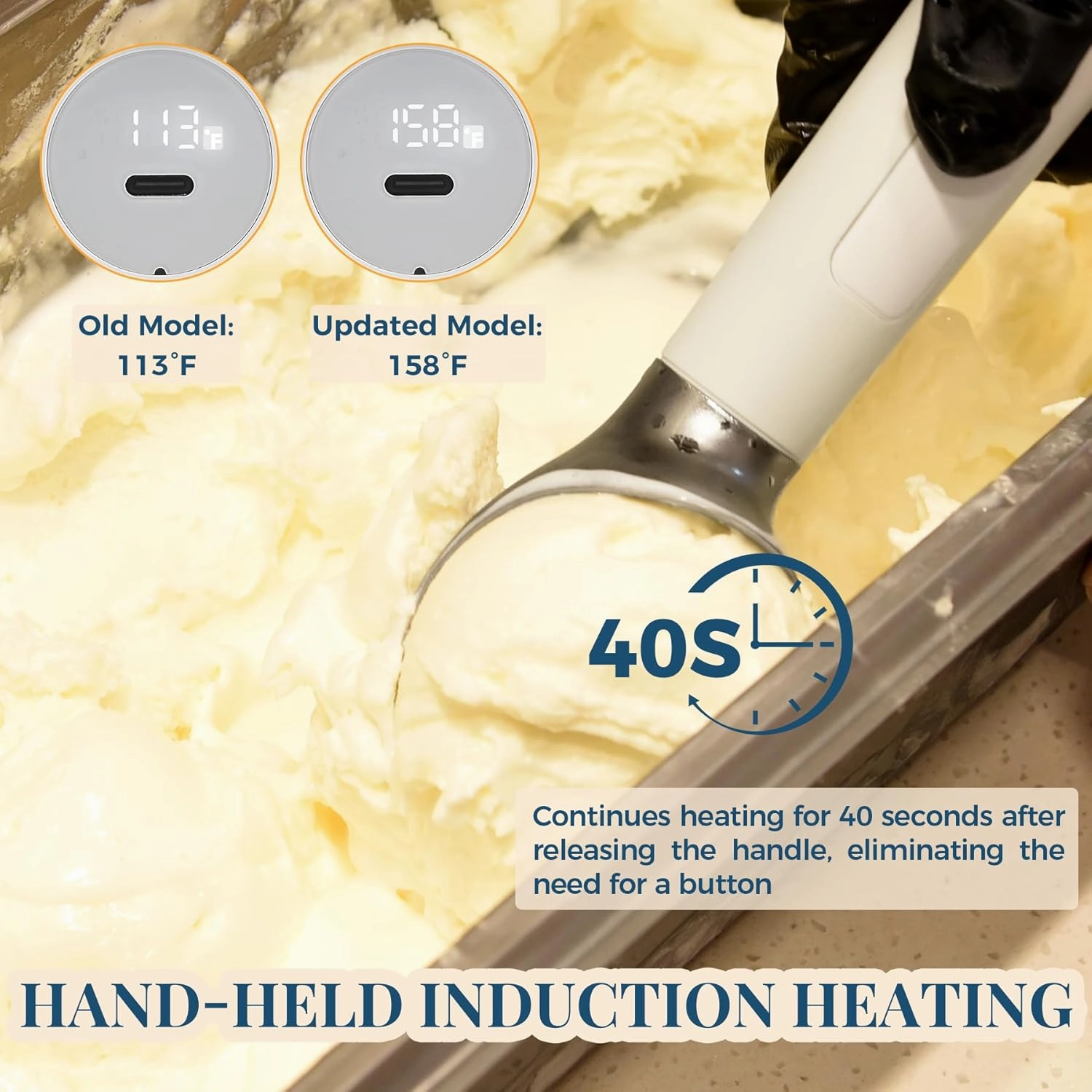 Heated Ice Cream Scoop, USB Rechargeable Electric Scooper with LED Display, Heats to 158°F for Hard Ice Cream, Easy for Seniors & Kids, IP67 Waterproof – White