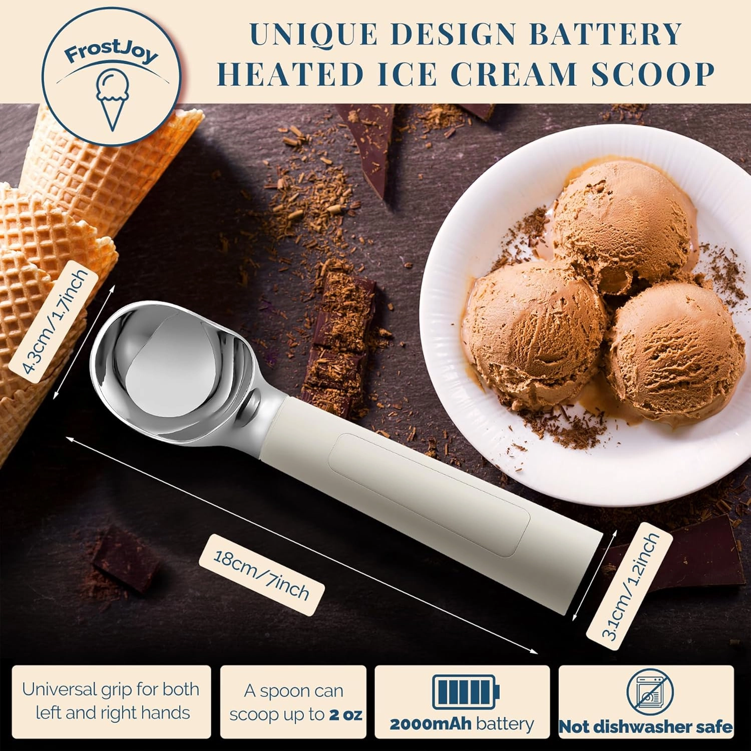 Heated Ice Cream Scoop, USB Rechargeable Electric Scooper with LED Display, Heats to 158°F for Hard Ice Cream, Easy for Seniors & Kids, IP67 Waterproof – White