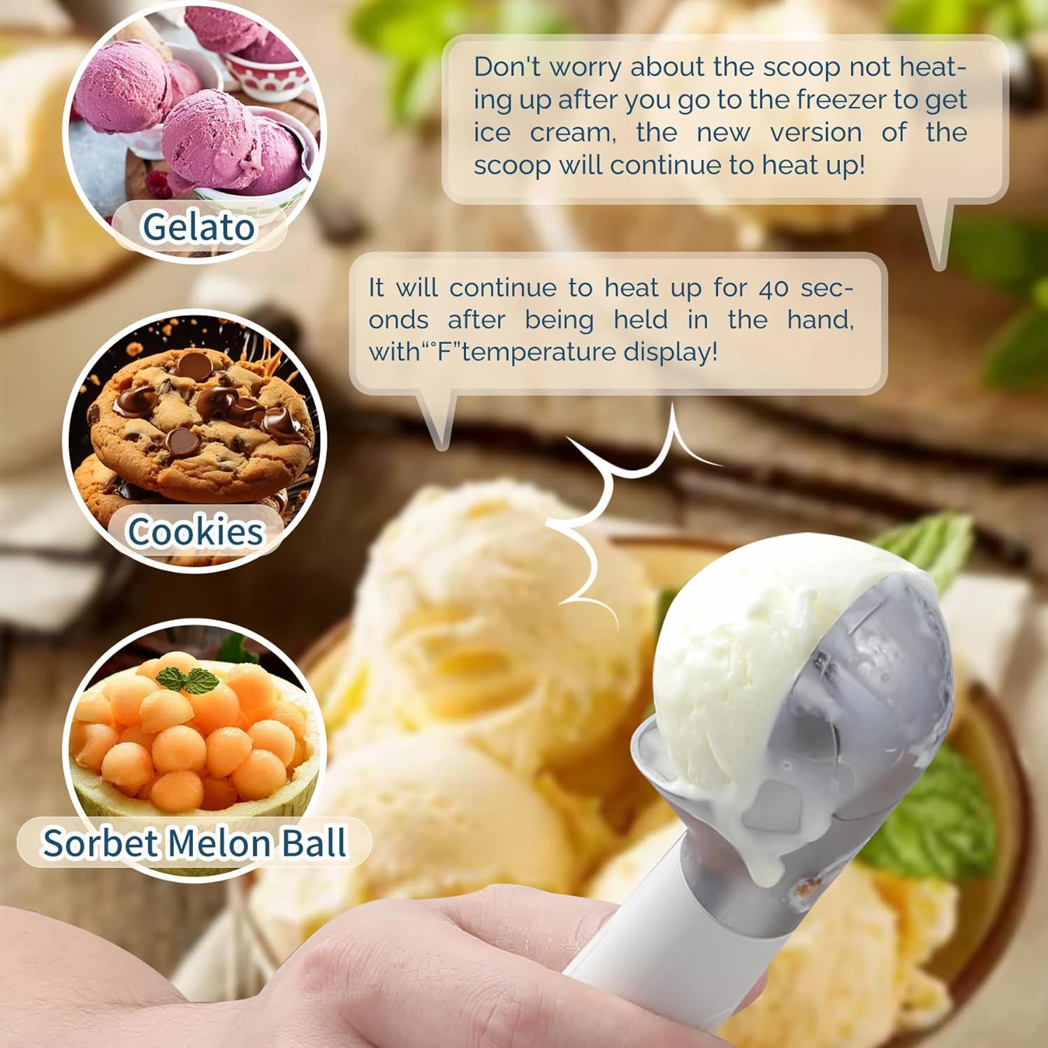 Heated Ice Cream Scoop, USB Rechargeable Electric Scooper with LED Display, Heats to 158°F for Hard Ice Cream, Easy for Seniors & Kids, IP67 Waterproof – White