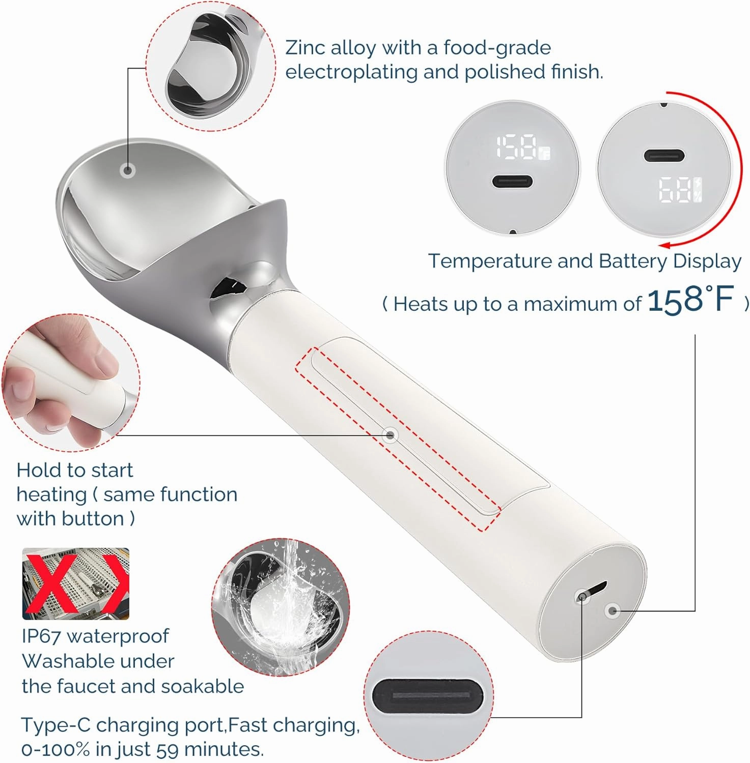 Heated Ice Cream Scoop, USB Rechargeable Electric Scooper with LED Display, Heats to 158°F for Hard Ice Cream, Easy for Seniors & Kids, IP67 Waterproof – White