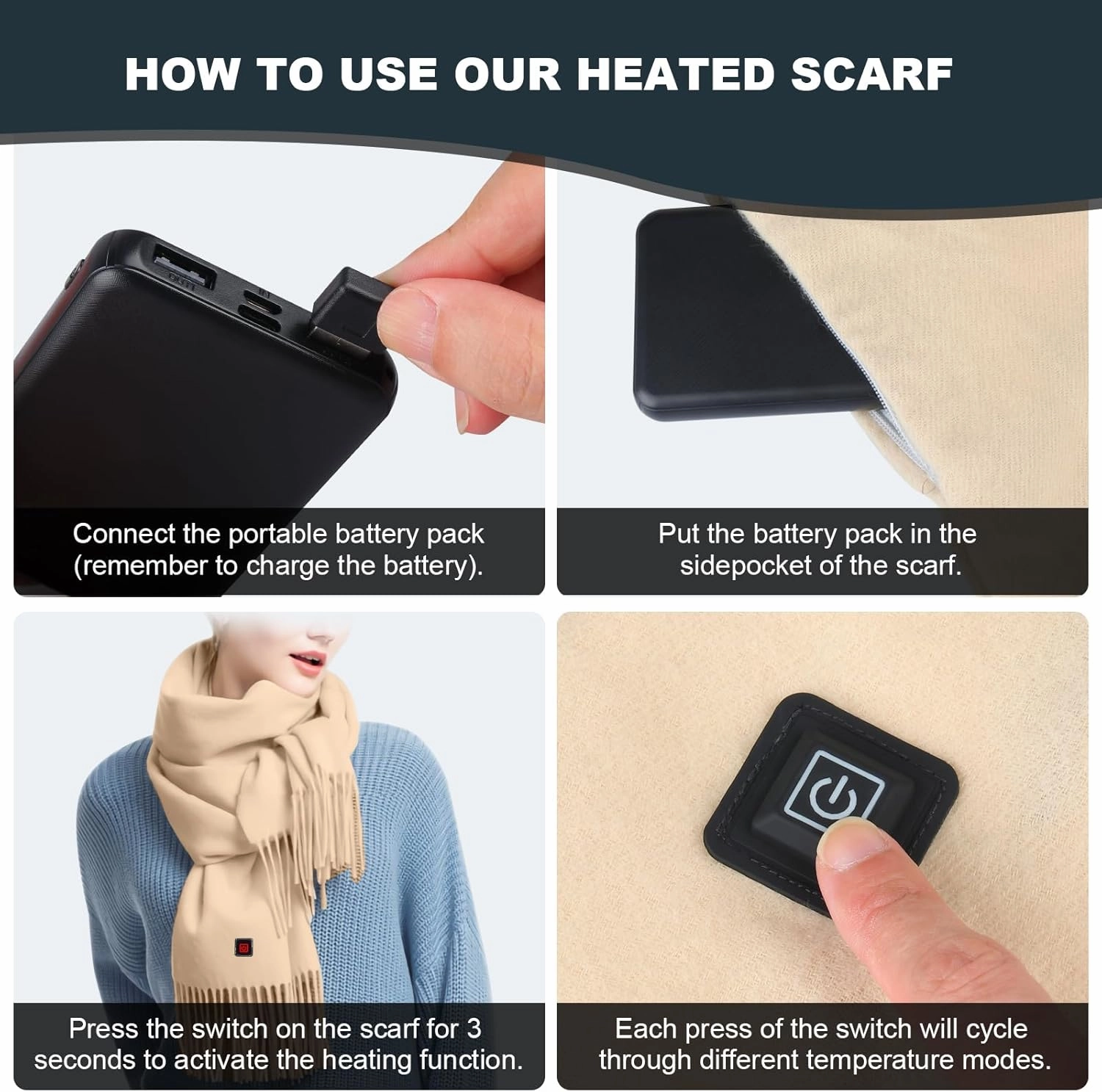 Heated Scarf for Women Men Rechargeable Heated Scarves Blanket with Battery Pack Neck Heating Pad Electric Scarf Heated