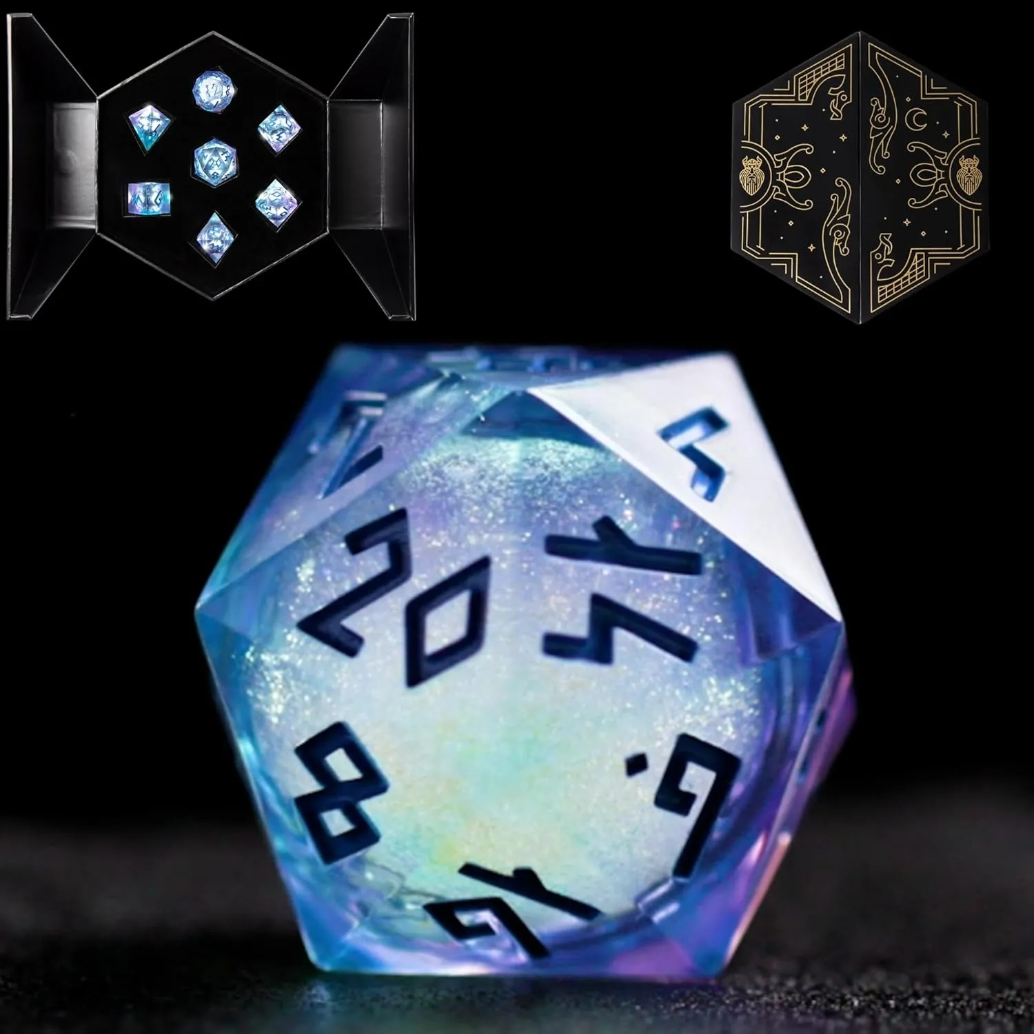 HEIMDALLR Liquid Core Dice Set with First Ever LED Display Case - 7-PC Hand-Painted Sharp Edge DND Dice Set with Gift Dice Box - Resin Dungeons and Dragons Dice Set (D&D Dice Set) (Aurora)