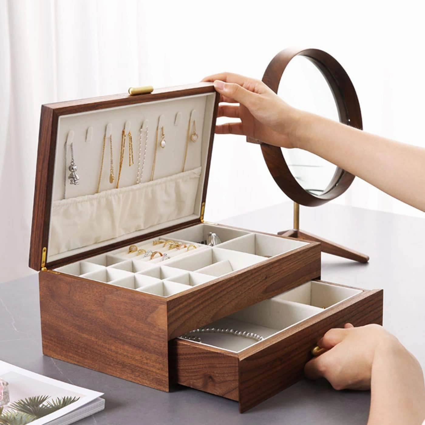 High-end Solid Wood Jewelry Storage Box Ladies Retro Wooden Necklace Jewelry Bracelet Watch Display Box Handmade Wedding Birthday Anniversary Jewelry Collection Box(Double Layer)