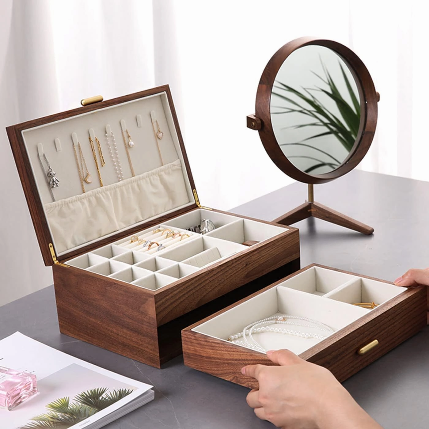 High-end Solid Wood Jewelry Storage Box Ladies Retro Wooden Necklace Jewelry Bracelet Watch Display Box Handmade Wedding Birthday Anniversary Jewelry Collection Box(Double Layer)