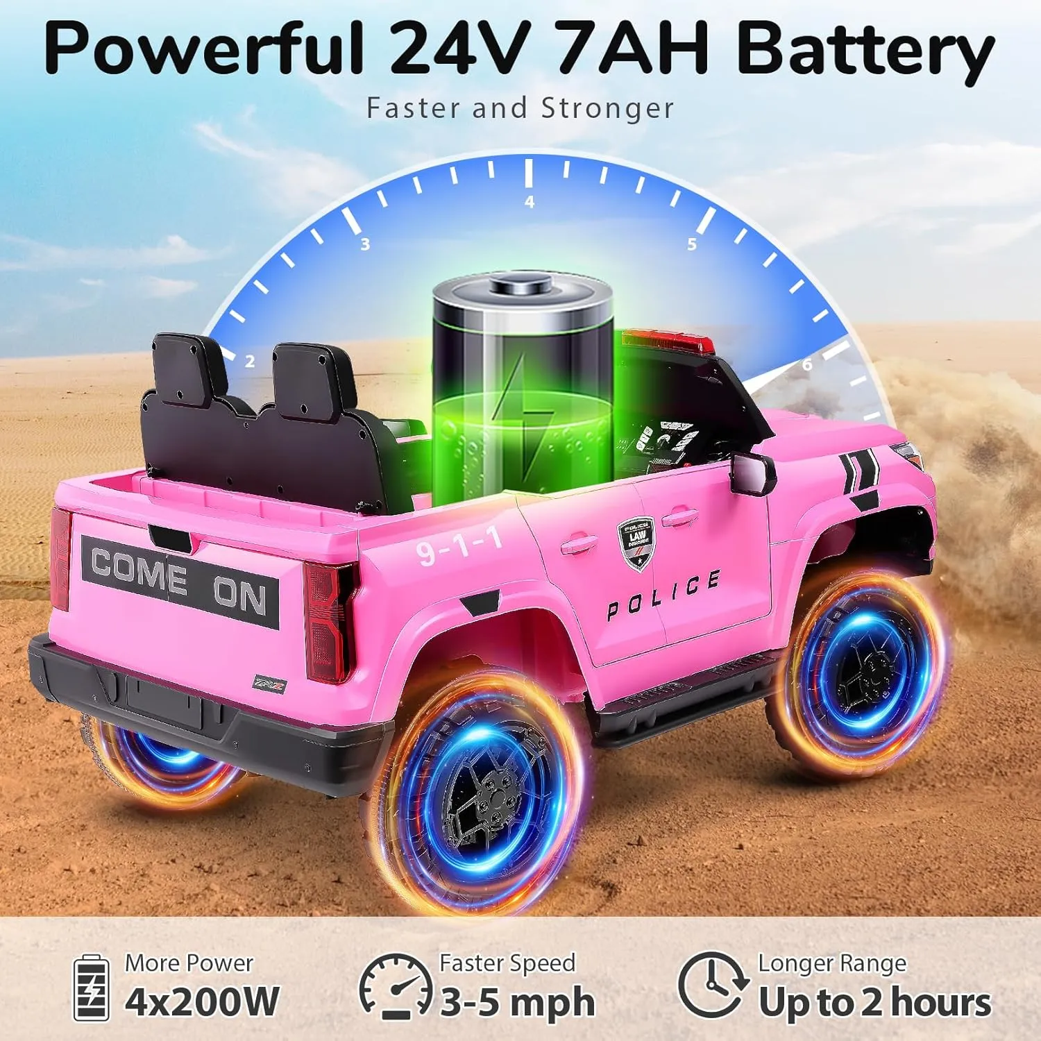 Hikole 24V Ride on Police Car for Kids 4-8, 20" Real 2 Seater Ride on Cop Car with Remote Control, 4x200W Powerful Wheels, Music, Alarm Lights, Megaphone, 5mph Max Speed, 4WD/2WD Ride on Toys, Pink