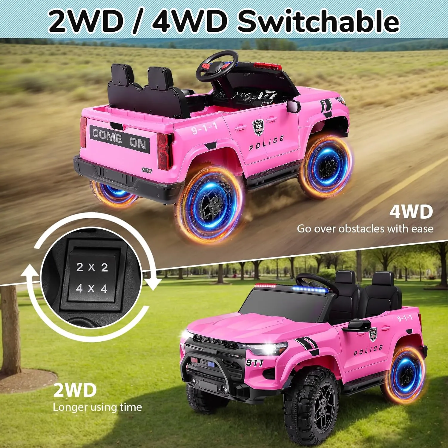 Hikole 24V Ride on Police Car for Kids 4-8, 20" Real 2 Seater Ride on Cop Car with Remote Control, 4x200W Powerful Wheels, Music, Alarm Lights, Megaphone, 5mph Max Speed, 4WD/2WD Ride on Toys, Pink