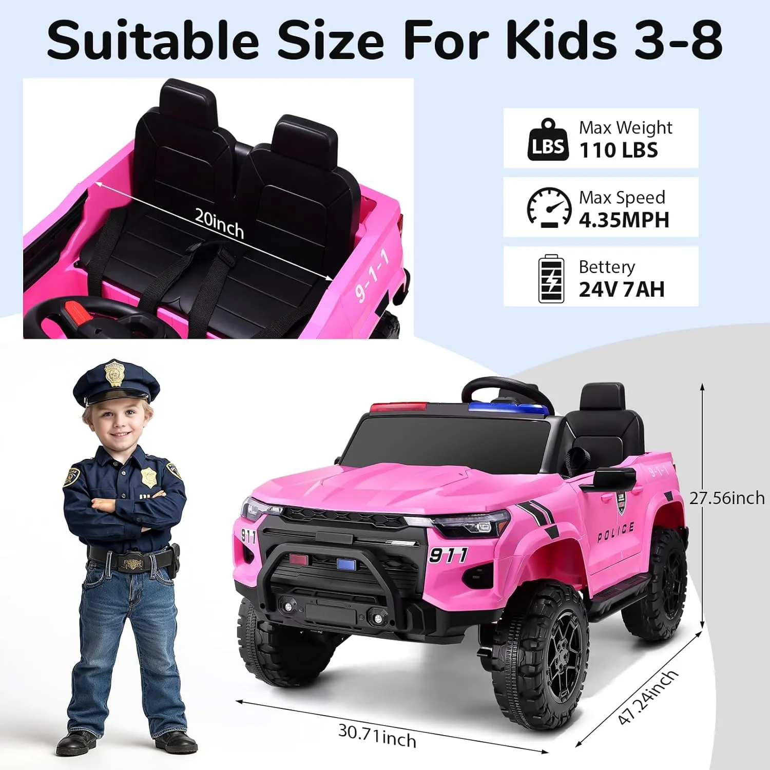 Hikole 24V Ride on Police Car for Kids 4-8, 20" Real 2 Seater Ride on Cop Car with Remote Control, 4x200W Powerful Wheels, Music, Alarm Lights, Megaphone, 5mph Max Speed, 4WD/2WD Ride on Toys, Pink