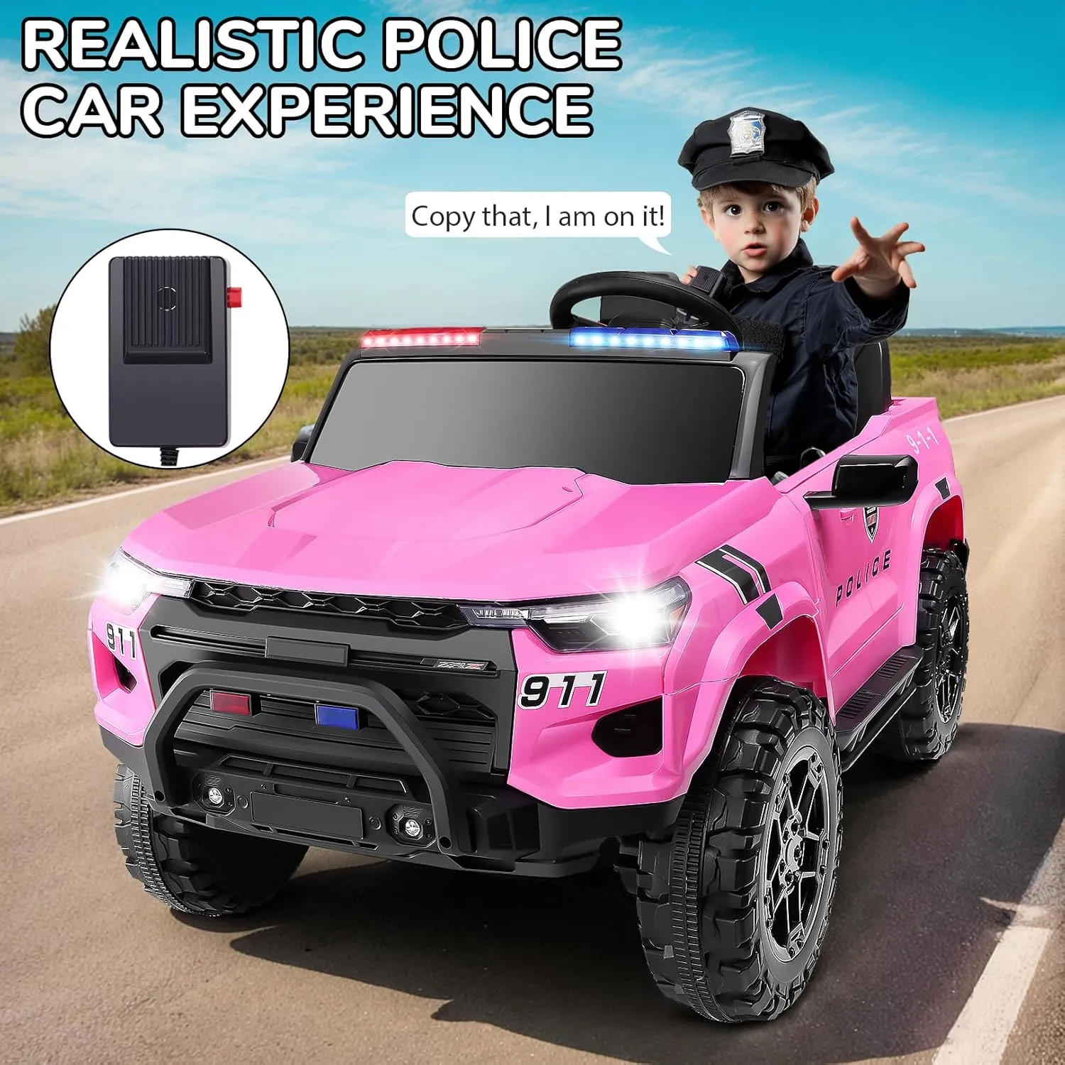 Hikole 24V Ride on Police Car for Kids 4-8, 20" Real 2 Seater Ride on Cop Car with Remote Control, 4x200W Powerful Wheels, Music, Alarm Lights, Megaphone, 5mph Max Speed, 4WD/2WD Ride on Toys, Pink