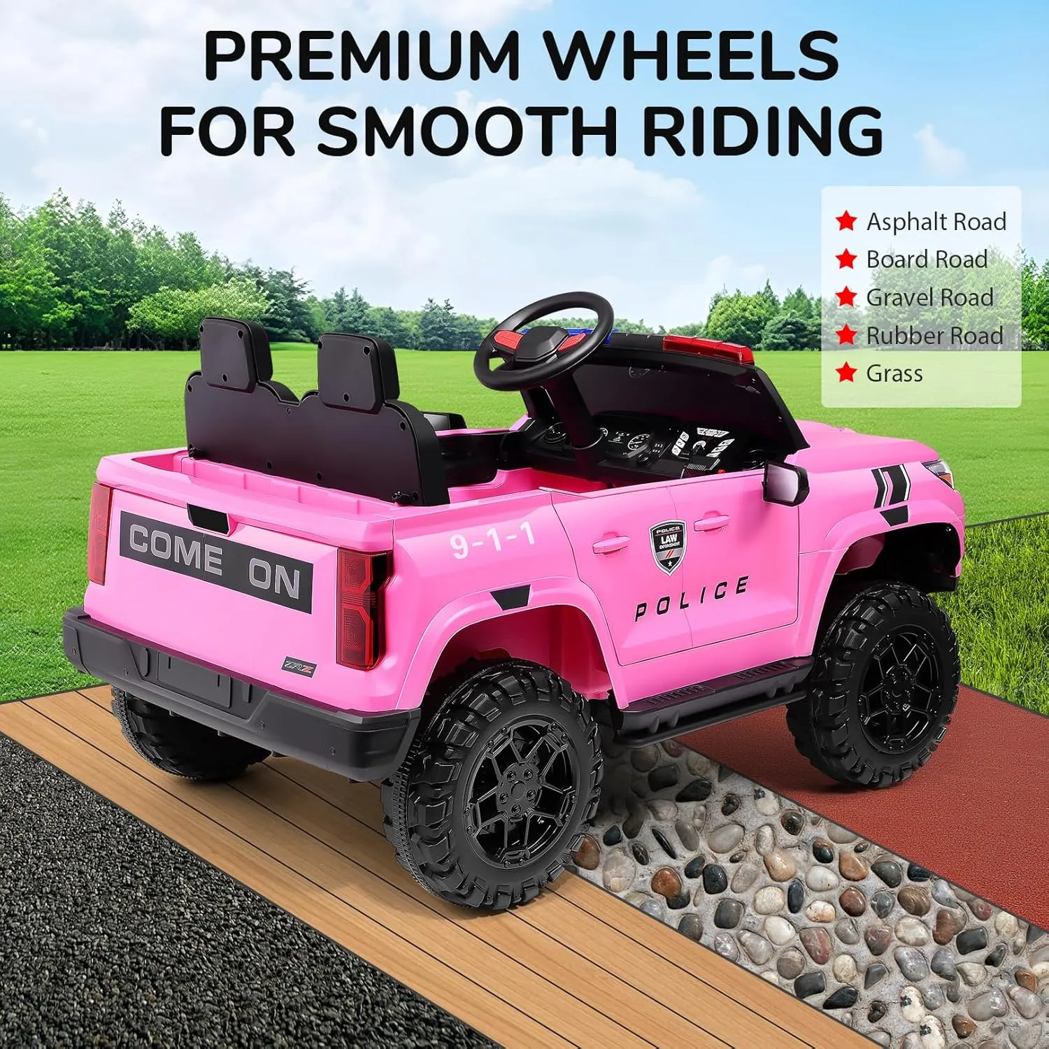 Hikole 24V Ride on Police Car for Kids 4-8, 20" Real 2 Seater Ride on Cop Car with Remote Control, 4x200W Powerful Wheels, Music, Alarm Lights, Megaphone, 5mph Max Speed, 4WD/2WD Ride on Toys, Pink