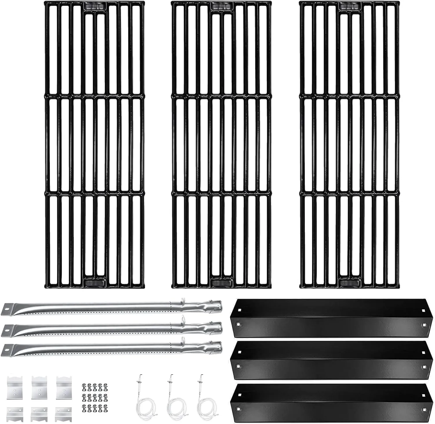 Hisencn Replacement Parts for Chargriller 3001, 3008, 3030, 4000, 5050, 5252 Gas Grill Models, Stainless Steel Burner, Porcelain Steel Heat Plate, Porcelain Cast Iron Cooking Grid Grates