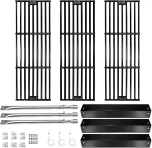 Hisencn Replacement Parts for Chargriller 3001, 3008, 3030, 4000, 5050, 5252 Gas Grill Models, Stainless Steel Burner, Porcelain Steel Heat Plate, Porcelain Cast Iron Cooking Grid Grates