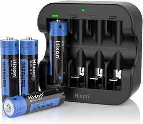 Hixon Rechargeable AA Batteries with Charger, 3500mWh AA Rechargeable Batteries,1.5V Constant Output,1600 Cycles Rechargeable Lithium AA Batteries,Max 3A Current,for Home&Office Use[4xAA 1xCharger]
