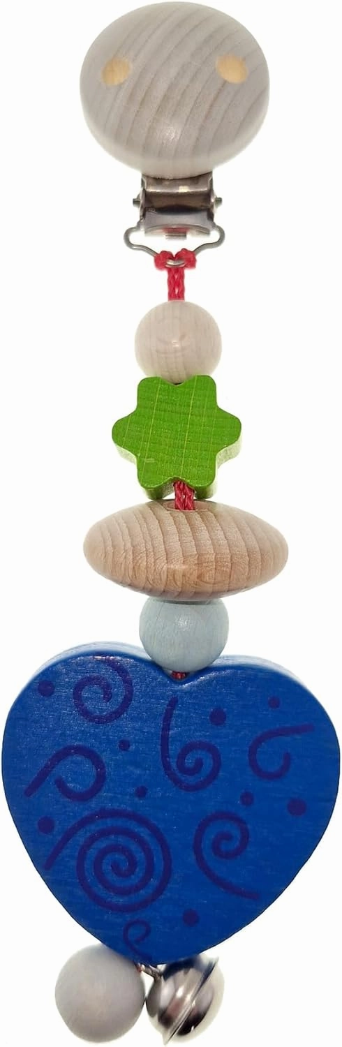 Holzspielzeug 12827 Wooden Pram Hanger, Blue Heart, Pram Toy with Clip for Attachment, Handmade Toy for Baby Motor Skills