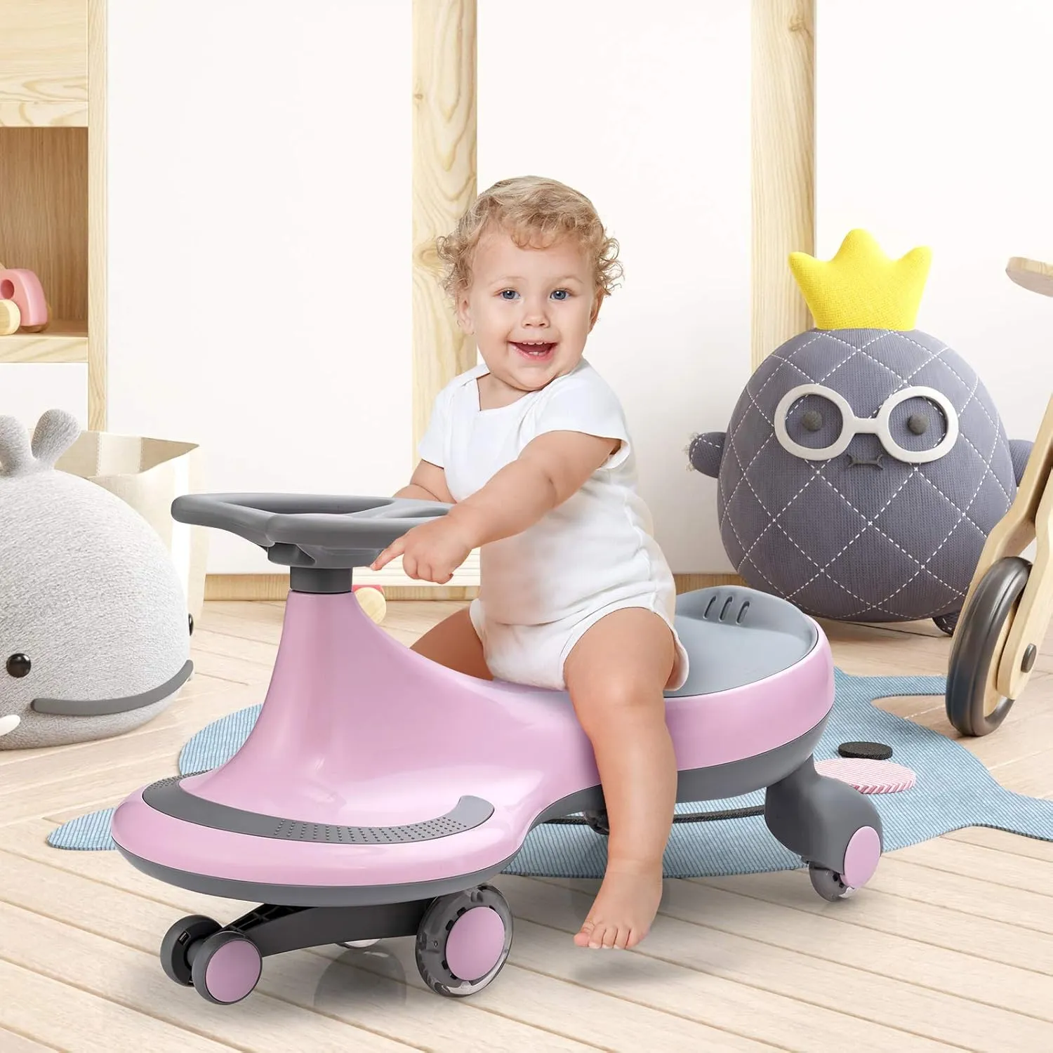 HOMGX Wiggle Car Ride On Toy, Swing Car with LED Flashing Wheels, Zig Zag Ride On Car - No Batteries, Gears or Pedals, Swivel Car Uses Twist & Turn, Plasma Car for Kids Ages 2  (Pink)