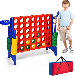 HONEY JOY Jumbo 4-to-Score Giant Game Set, 3-in-1 Indoor Outdoor Family Yard Game Set w/Basketball Hoop & Ring Toss, 42 Jumbo Rings, Quick-Release Slider, Giant 4-in-A-Row for Kids & Adults