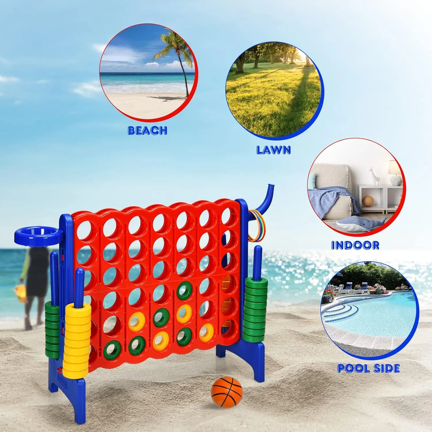 HONEY JOY Jumbo 4-to-Score Giant Game Set, 3-in-1 Indoor Outdoor Family Yard Game Set w/Basketball Hoop & Ring Toss, 42 Jumbo Rings, Quick-Release Slider, Giant 4-in-A-Row for Kids & Adults