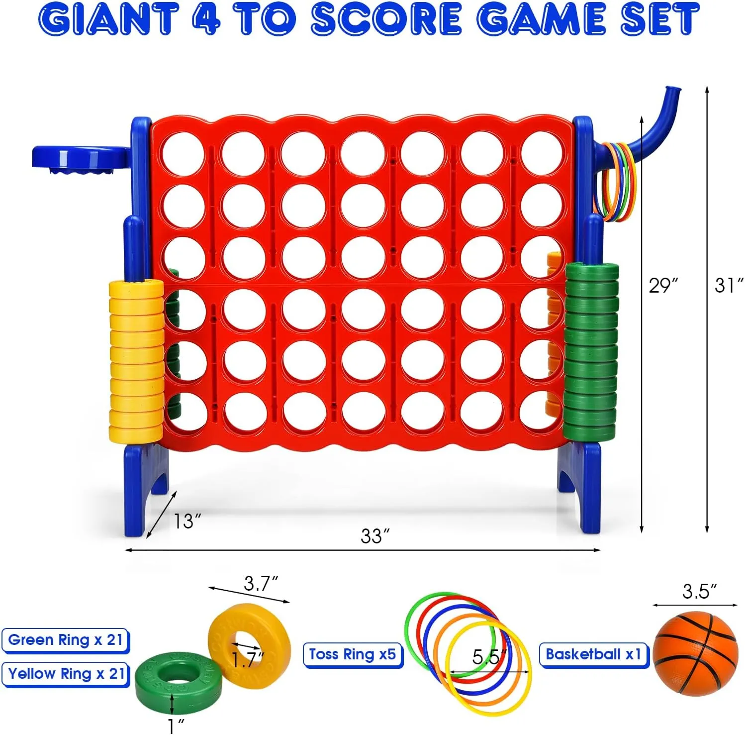 HONEY JOY Jumbo 4-to-Score Giant Game Set, 3-in-1 Indoor Outdoor Family Yard Game Set w/Basketball Hoop & Ring Toss, 42 Jumbo Rings, Quick-Release Slider, Giant 4-in-A-Row for Kids & Adults
