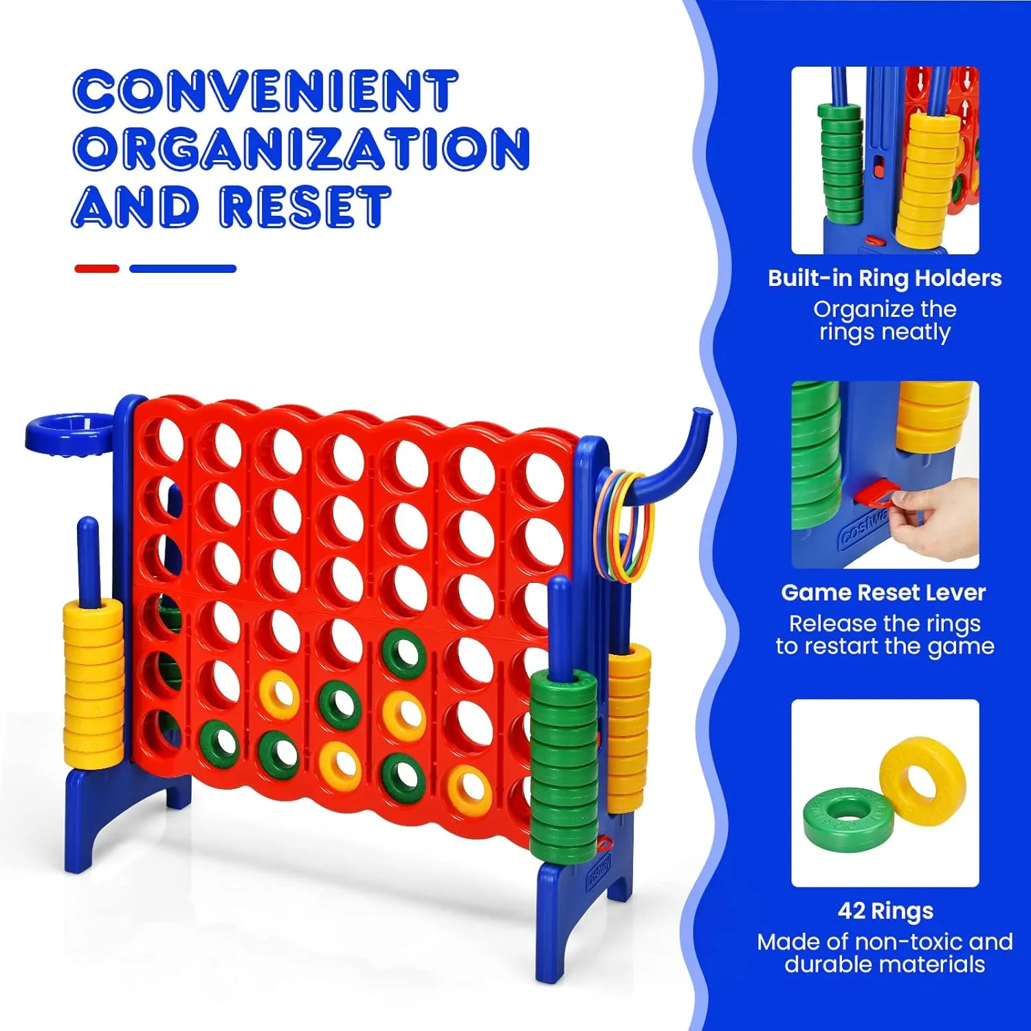 HONEY JOY Jumbo 4-to-Score Giant Game Set, 3-in-1 Indoor Outdoor Family Yard Game Set w/Basketball Hoop & Ring Toss, 42 Jumbo Rings, Quick-Release Slider, Giant 4-in-A-Row for Kids & Adults