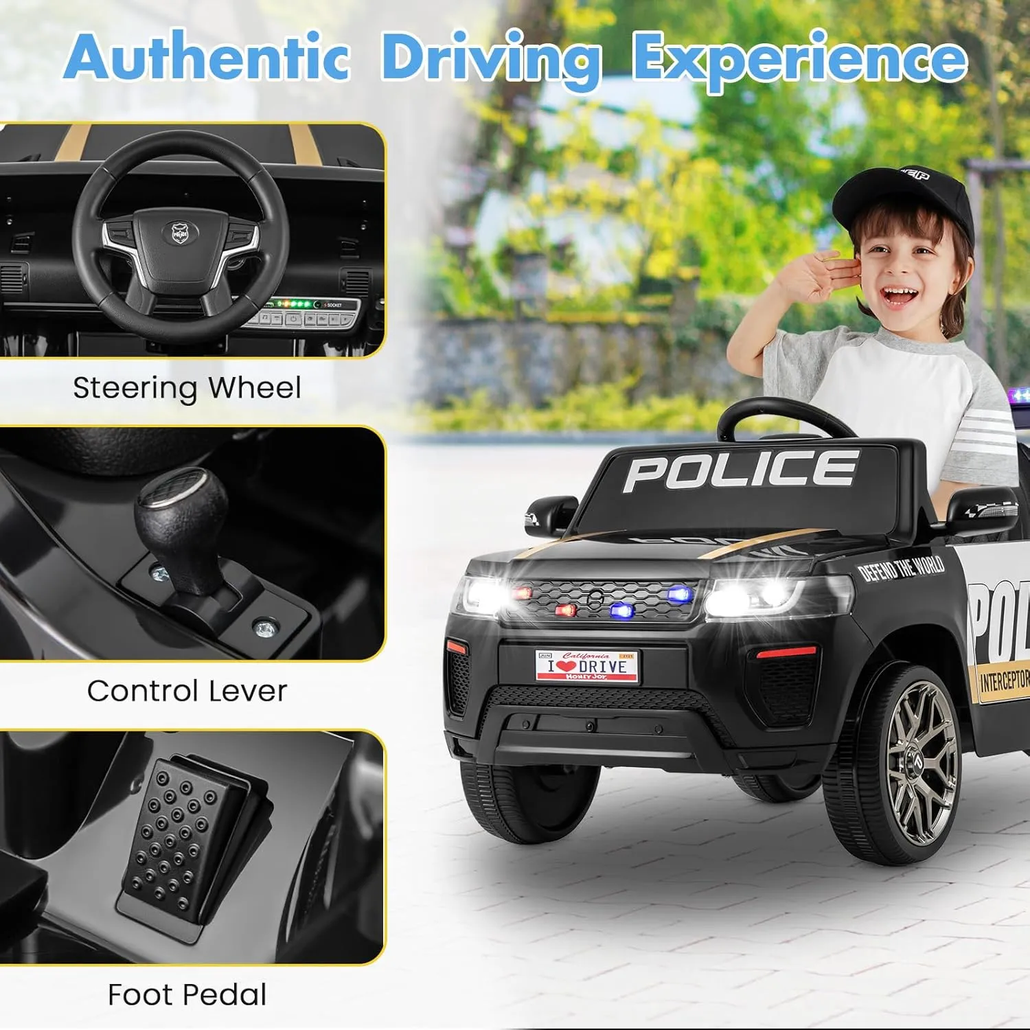 HONEY JOY Police Car Ride On, 12V Battery Powered Ride On Car with Remote Control, Siren & Flashing Lights, Spring Suspension, Music, Horn, LED Light, Toddler Cop Car, Electric Car for Kids (Black)