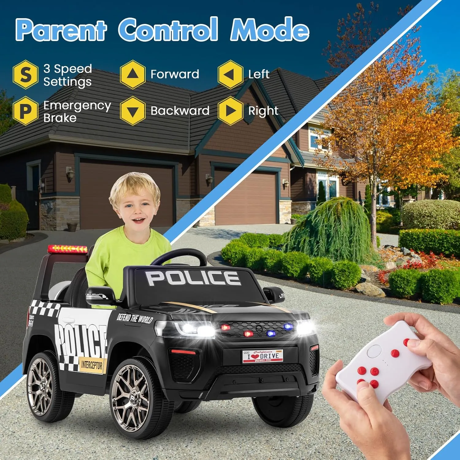 HONEY JOY Police Car Ride On, 12V Battery Powered Ride On Car with Remote Control, Siren & Flashing Lights, Spring Suspension, Music, Horn, LED Light, Toddler Cop Car, Electric Car for Kids (Black)