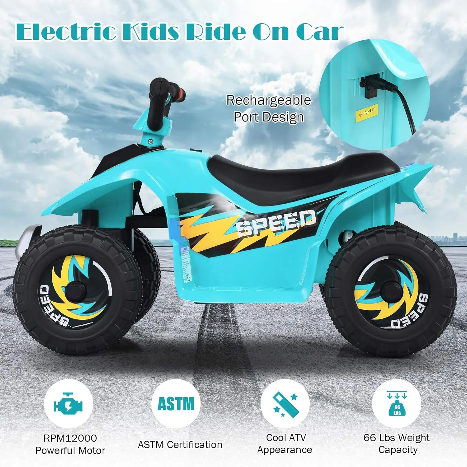 HONEY JOY Ride On ATV, 6V Mini Off-Road Battery Powered Motorized Quad for Kids, Anti-Slip Wheels, RWD 4-Wheeler Electric Ride On Toy Car for Toddlers (Blue)