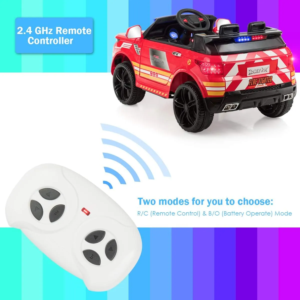 HONEY JOY Ride On Fire Truck, 12V Electric Car for Kids, Siren Flashing Light, Horn, Music, Intercom, Spring Suspension, 3 Speeds, Battery Powered Ride On Fire Fighter for Boys Girls (Red)