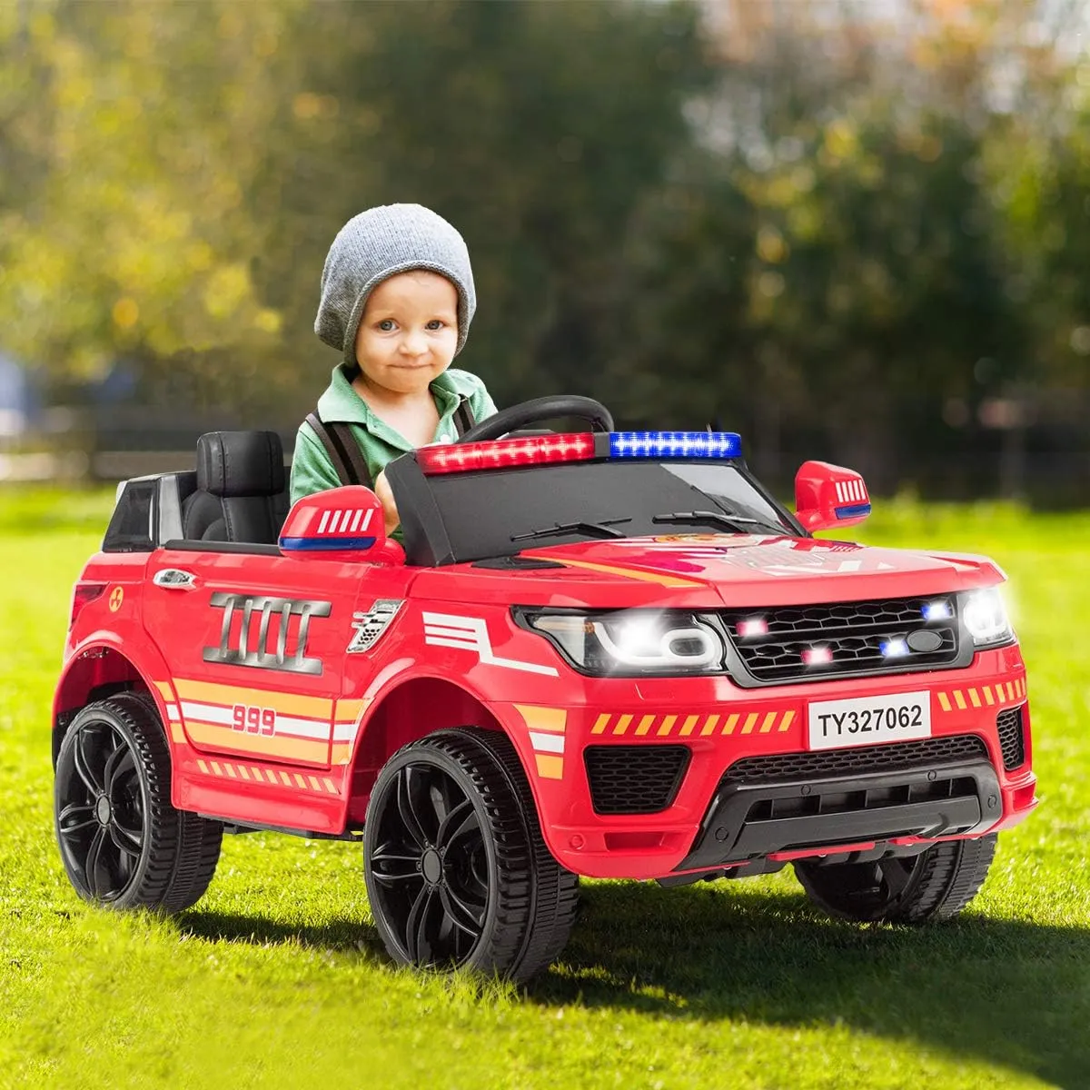 HONEY JOY Ride On Fire Truck, 12V Electric Car for Kids, Siren Flashing Light, Horn, Music, Intercom, Spring Suspension, 3 Speeds, Battery Powered Ride On Fire Fighter for Boys Girls (Red)