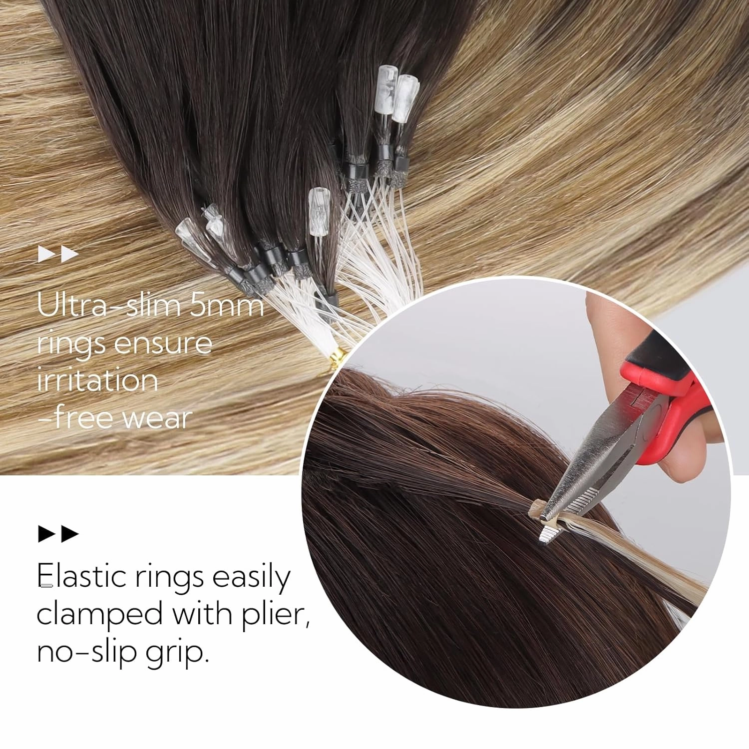 HOTBANANA Micro Ring Hair Extensions Human Hair, 16 Inch 50g 50s Dark Brown to Chestnut Brown and Dirty Blonde Beads Real Human Hair Extensions Straight Link Loop Hair Extensions