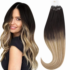 HOTBANANA Micro Ring Hair Extensions Human Hair, 16 Inch 50g 50s Dark Brown to Chestnut Brown and Dirty Blonde Beads Real Human Hair Extensions Straight Link Loop Hair Extensions