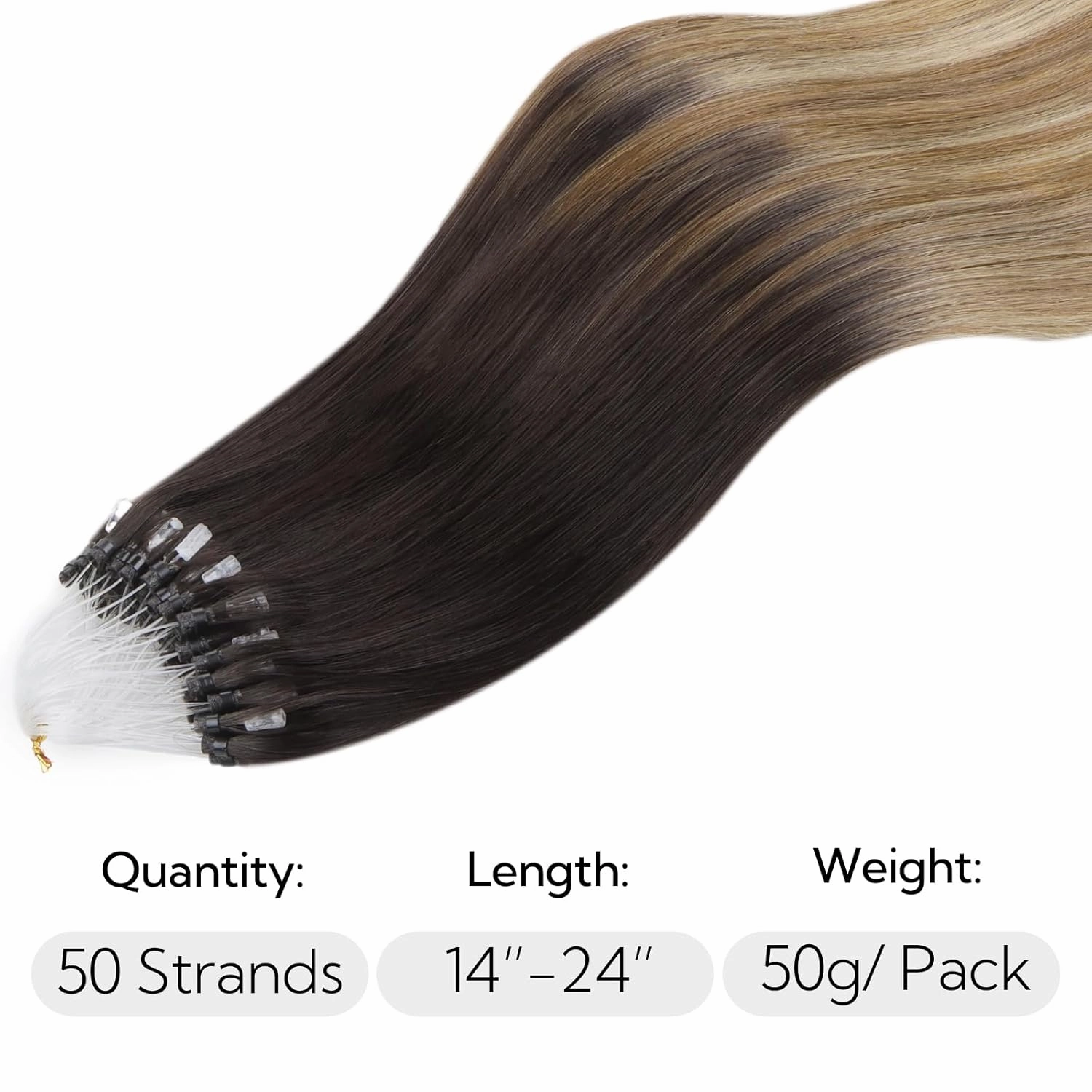 HOTBANANA Micro Ring Hair Extensions Human Hair, 16 Inch 50g 50s Dark Brown to Chestnut Brown and Dirty Blonde Beads Real Human Hair Extensions Straight Link Loop Hair Extensions