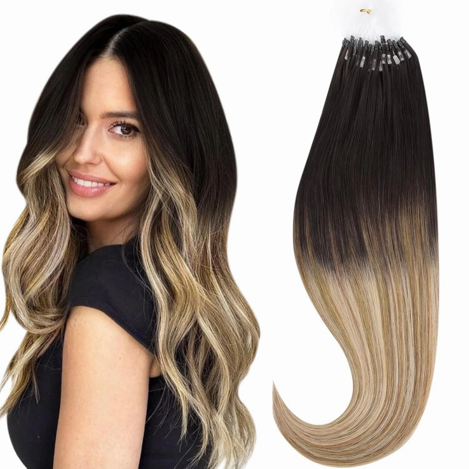 HOTBANANA Micro Ring Hair Extensions Human Hair, 16 Inch 50g 50s Dark Brown to Chestnut Brown and Dirty Blonde Beads Real Human Hair Extensions Straight Link Loop Hair Extensions