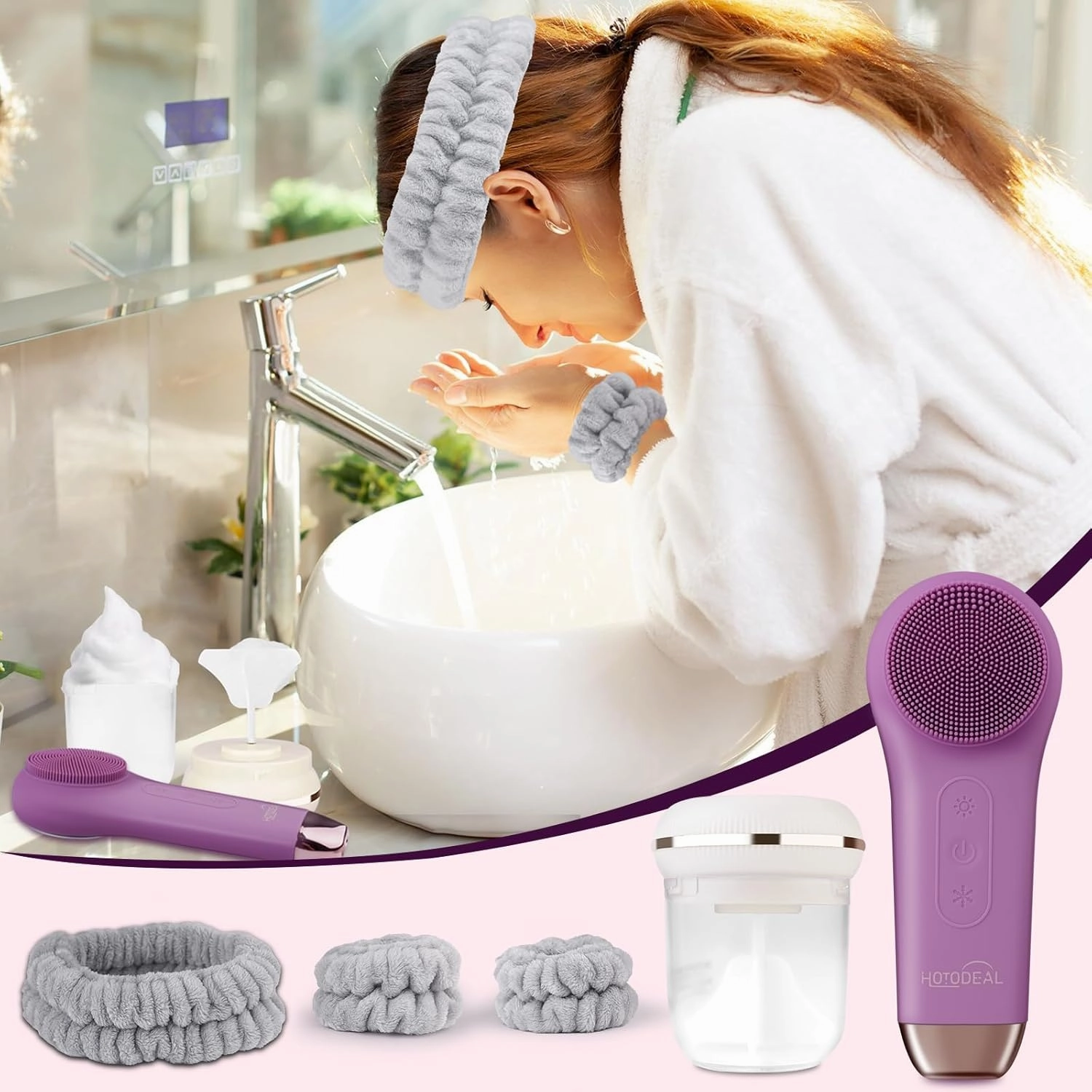Hotodeal Facial Cleansing Brush Set, Magnetic Rechargeable Face Scrub Brush with Headband Wrist Band Set & Electric Face Foam Maker, Silicone Face Brush for Women & Men