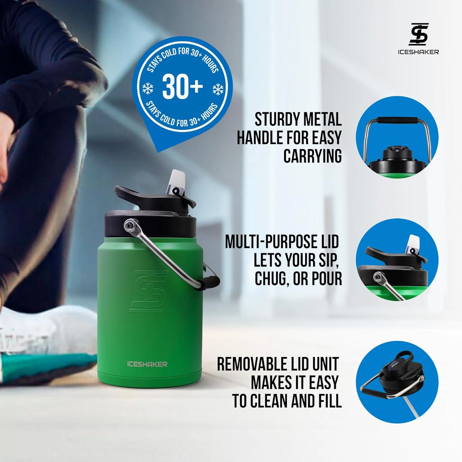 Ice Shaker Insulated Stainless Steel Half Gallon Water Jug | 64 oz, Dragon Green | Stays Cold for 60  Hours | Multi-purpose lid | Odor-Free Outdoor Water Jug for Sports, Camping, Hiking, Working Out