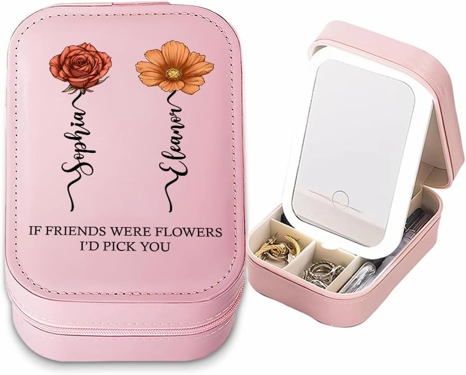 If Friends Were Flowers, I'd Pick You - Personalized Birth Month Flower Makeup Bag with LED Mirror, Custom Name Travel Organizer Case, Gifts for Women, Wife, or Mother