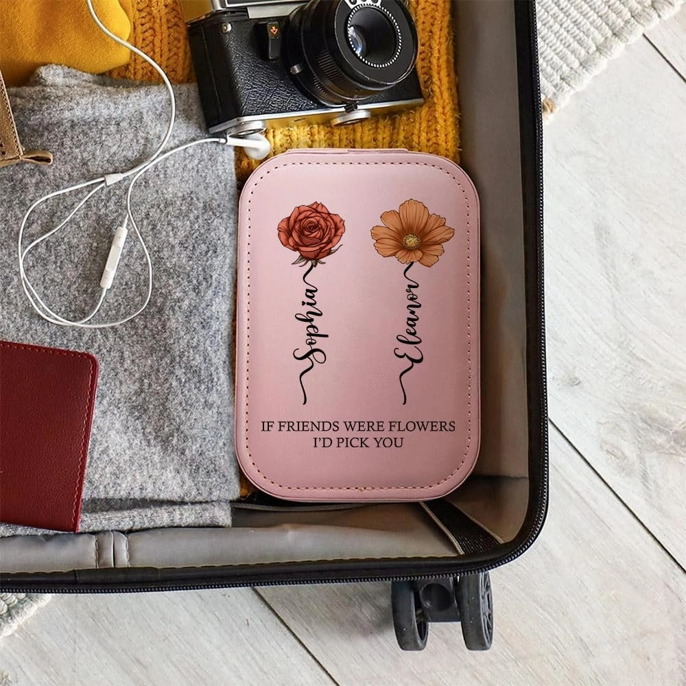 If Friends Were Flowers, I'd Pick You - Personalized Birth Month Flower Makeup Bag with LED Mirror, Custom Name Travel Organizer Case, Gifts for Women, Wife, or Mother