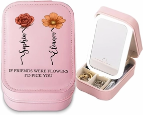If Friends Were Flowers, I'd Pick You - Personalized Birth Month Flower Makeup Bag with LED Mirror, Custom Name Travel Organizer Case, Gifts for Women, Wife, or Mother