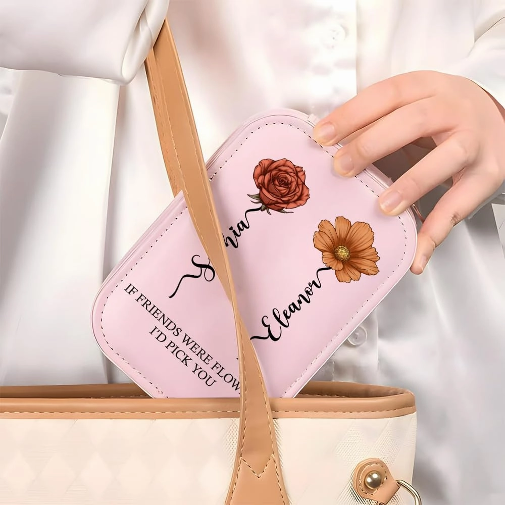 If Friends Were Flowers, I'd Pick You - Personalized Birth Month Flower Makeup Bag with LED Mirror, Custom Name Travel Organizer Case, Gifts for Women, Wife, or Mother