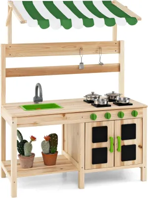 INFANS Mud Kitchen, Outdoor Play Kitchen with Awning Faucet Stoves Removable Sink Cooking Accessories Wooden Kids Kitchen Playset Backyard Garden Toys Gift for Boys Girls Ages 3 