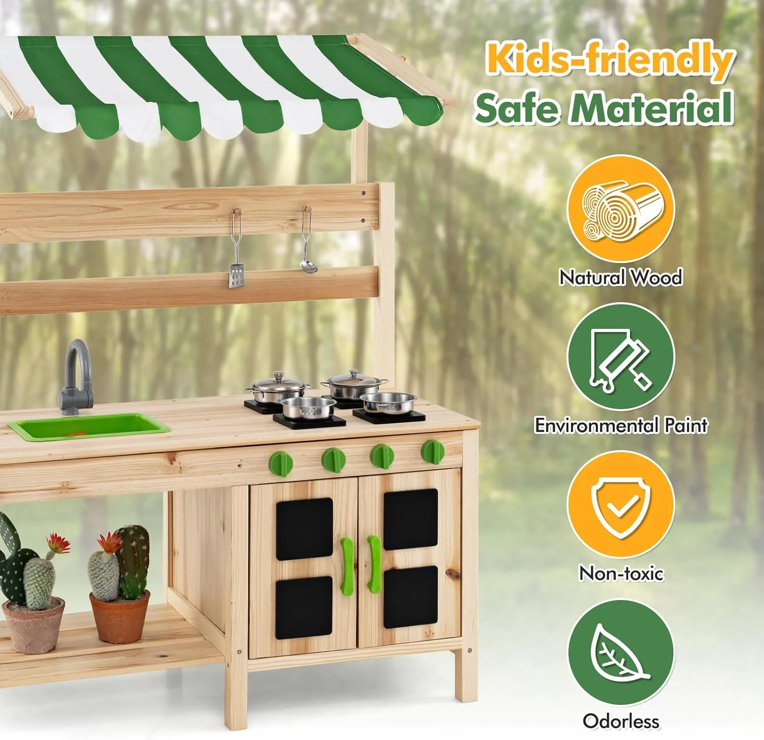 INFANS Mud Kitchen, Outdoor Play Kitchen with Awning Faucet Stoves Removable Sink Cooking Accessories Wooden Kids Kitchen Playset Backyard Garden Toys Gift for Boys Girls Ages 3 