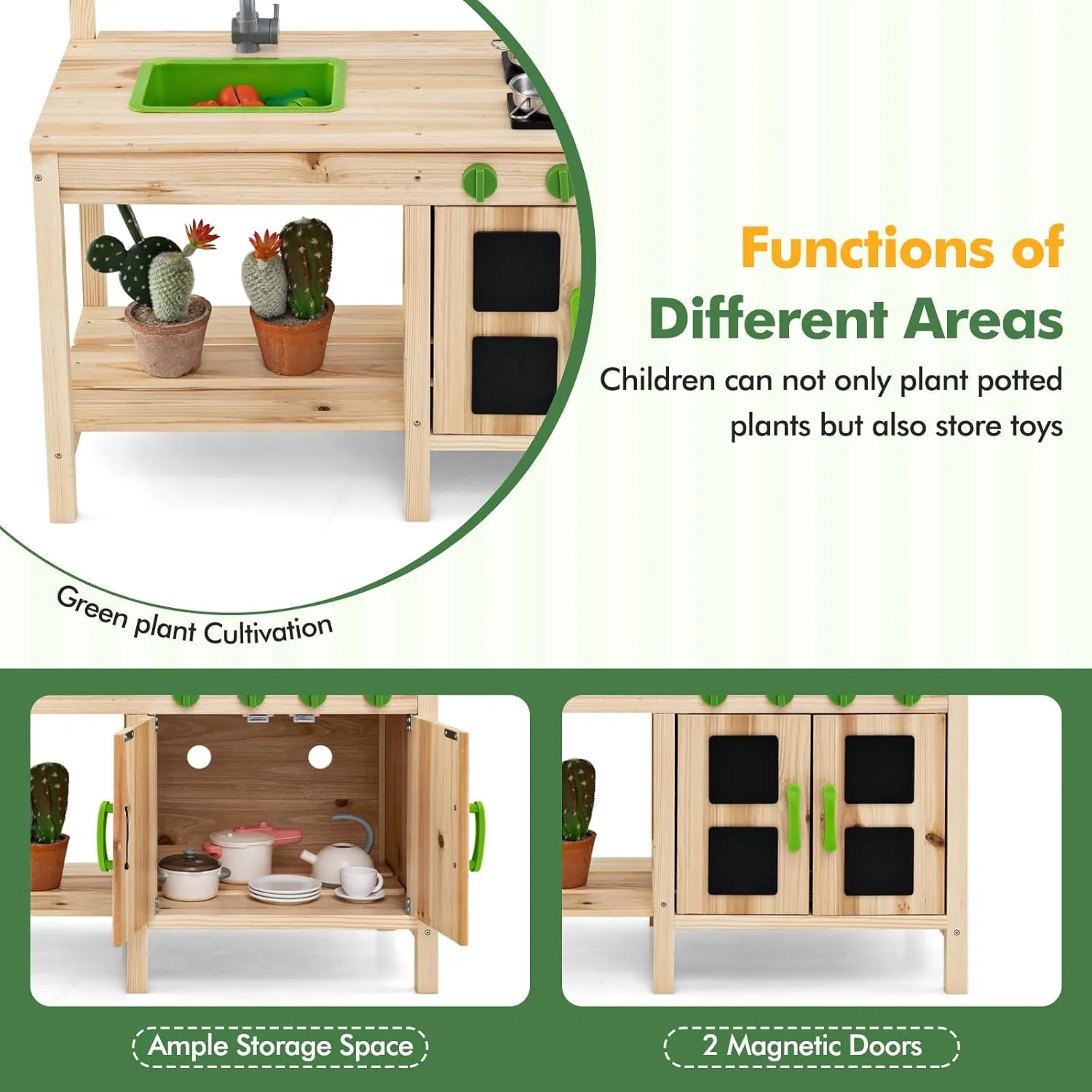 INFANS Mud Kitchen, Outdoor Play Kitchen with Awning Faucet Stoves Removable Sink Cooking Accessories Wooden Kids Kitchen Playset Backyard Garden Toys Gift for Boys Girls Ages 3 