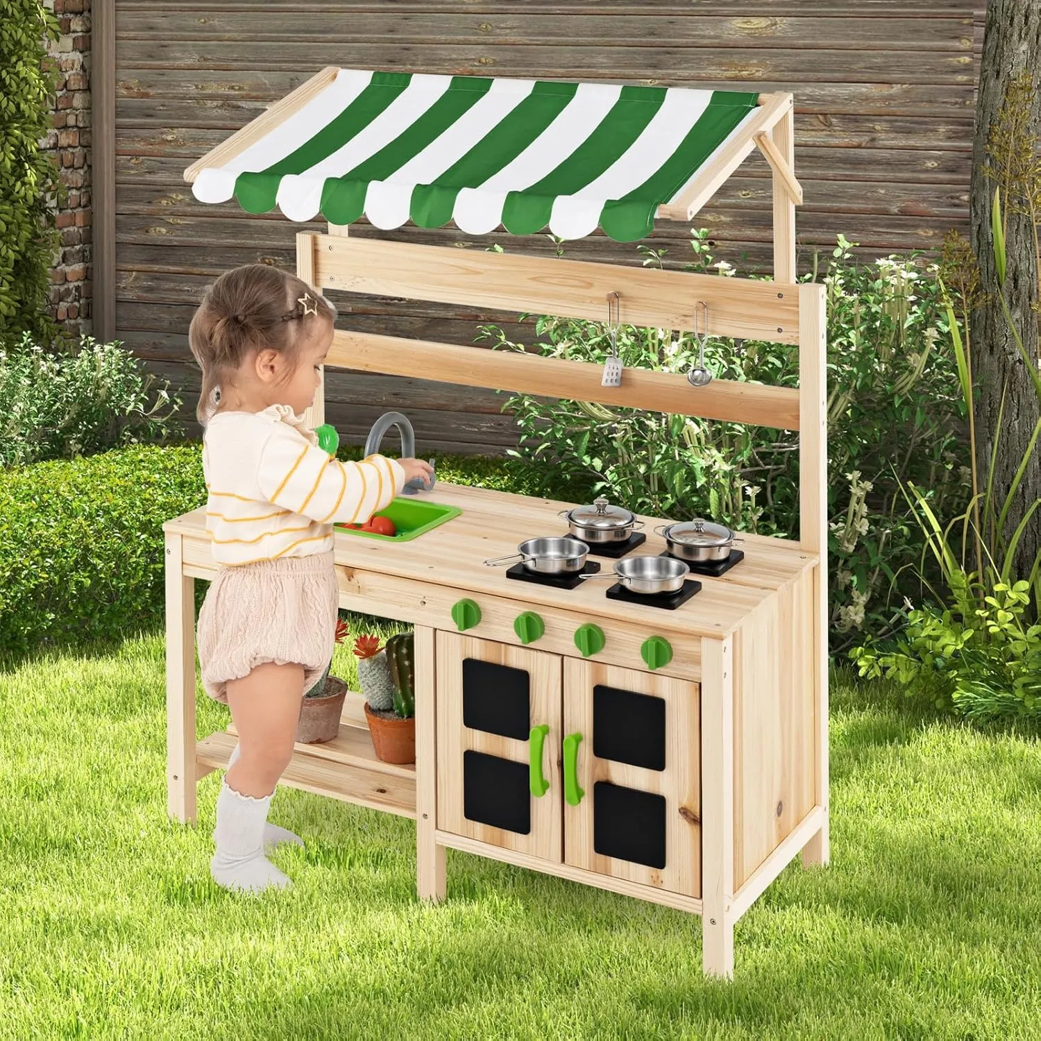 INFANS Mud Kitchen, Outdoor Play Kitchen with Awning Faucet Stoves Removable Sink Cooking Accessories Wooden Kids Kitchen Playset Backyard Garden Toys Gift for Boys Girls Ages 3 